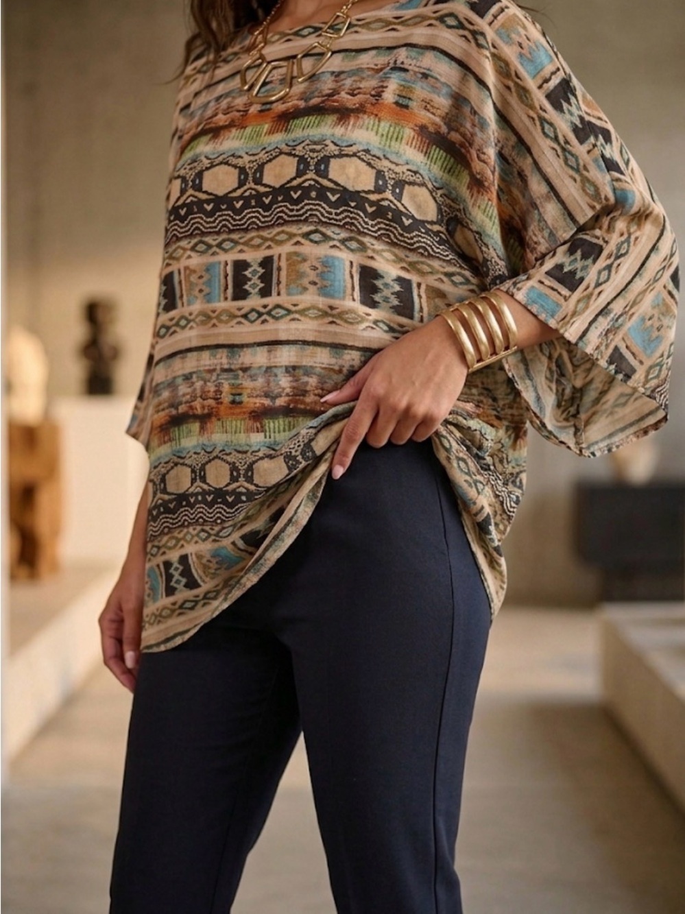 No brand, Relaxed Boho Tunic Top in Beige with Teal Accents - Women XL